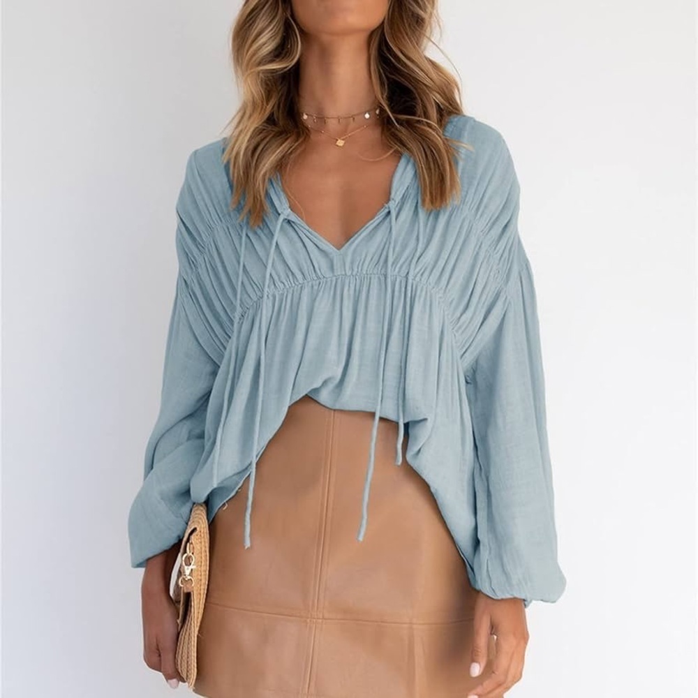 Women’s Babydoll Blouse Top Tie Front Blue Long Sleeve Tunic Shirt Casual Date